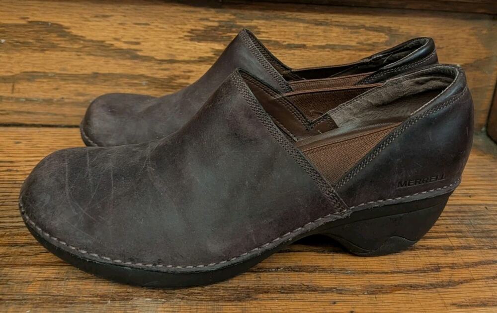MERRELL Emma Leather Shoes Women’s 10 Clogs Elastic Comfort Brown J45650